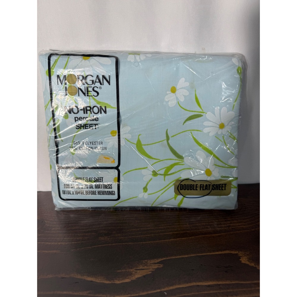 Vintage Morgan Jones Dainty Daisies Double Flat Sheet Blue Floral Percale USA